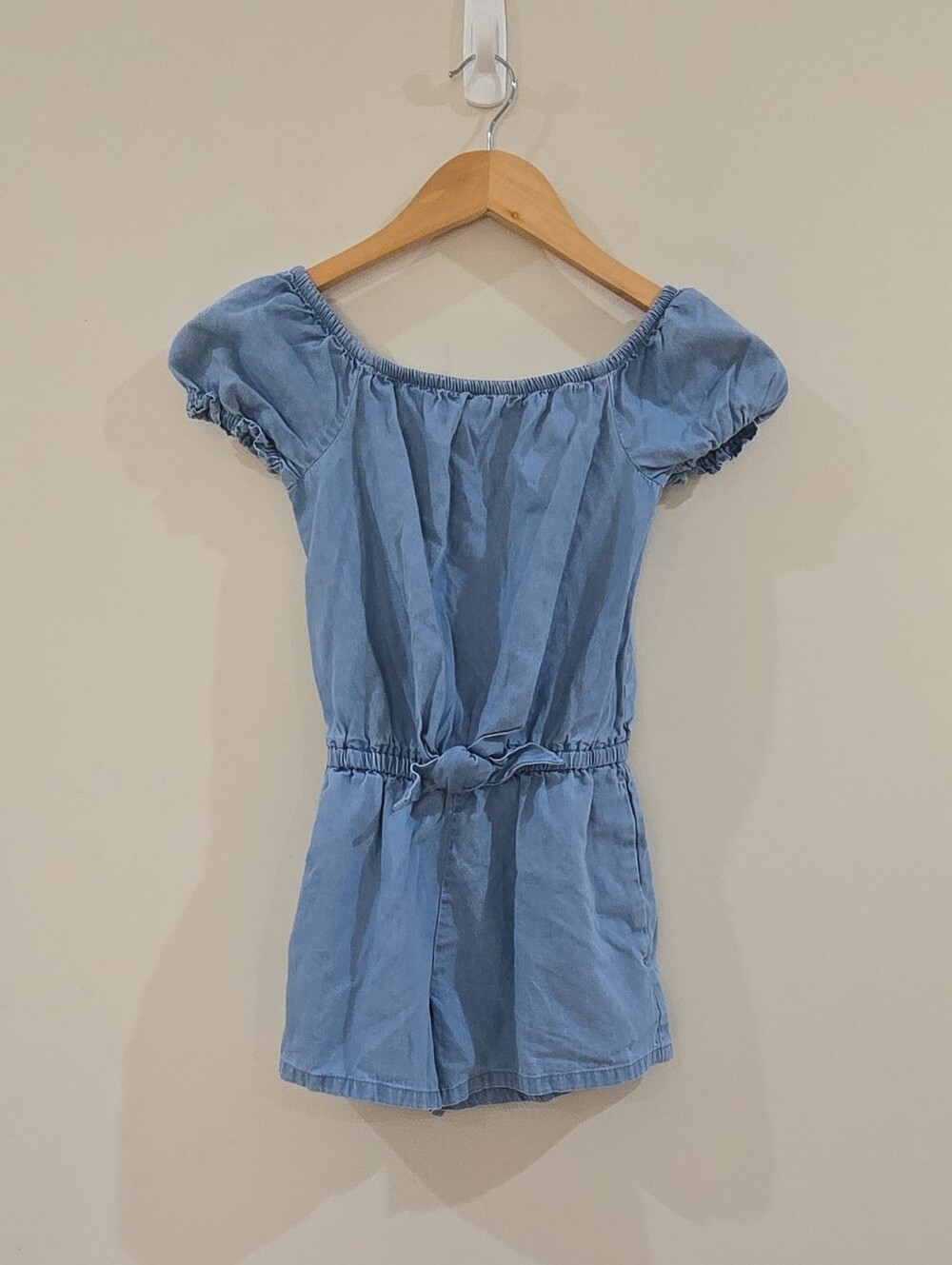 SUMMER GAP Girls Blue Denim Off-Shoulder Romper Elastic Waist Size 6-7